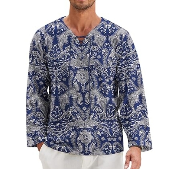 Mens Linen Beach T Shirt Cotton V Neck Yoga Long Sleeve Tunic Blue - Picture 2 of 6